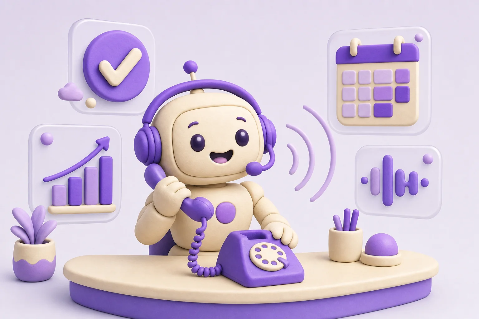 3D-Illustration: freundlicher KI Voice Agent mit Headset telefoniert, umgeben von Terminkalender, Statistik und Sprachwellen