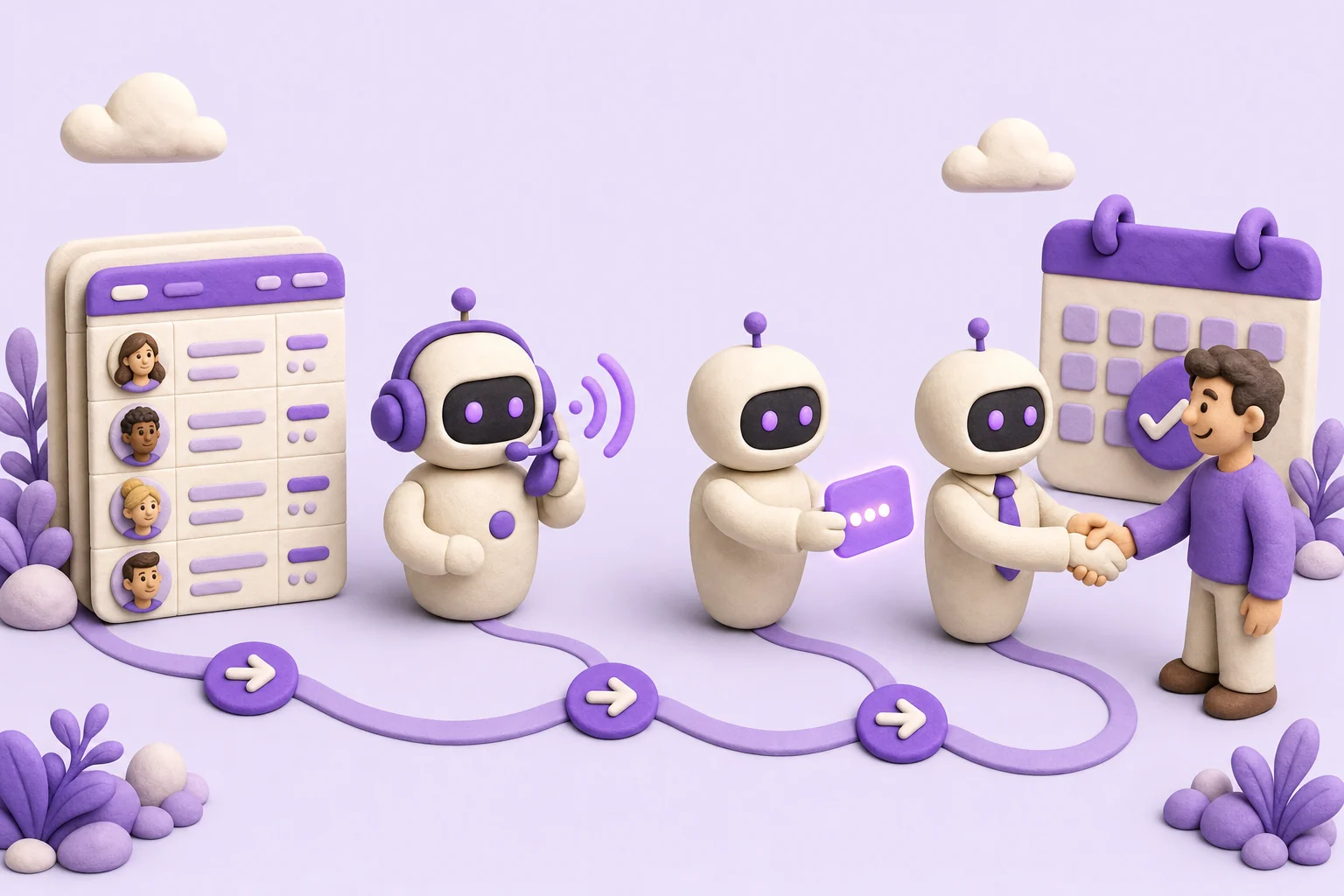 3D-Illustration der Outbound-Pipeline: Lead-Liste, Setter-Agent telefoniert, Übergabe an den Closer-Agent, Handschlag mit dem Kunden vor einem Terminkalender